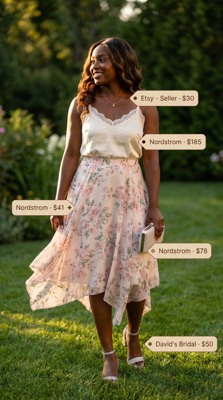 Romantic summer outfit for black women 2026 with a soft pink floral A-line midi skirt, cream satin camisole, and rose gold accessories, ideal for a garden party.