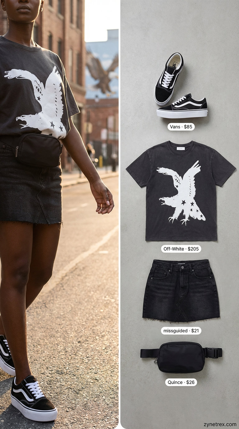 Edgy summer street style for black women 2026: distressed black denim mini skirt, oversized graphic tee, chunky platform sneakers, and belt bag. Perfect for concerts.