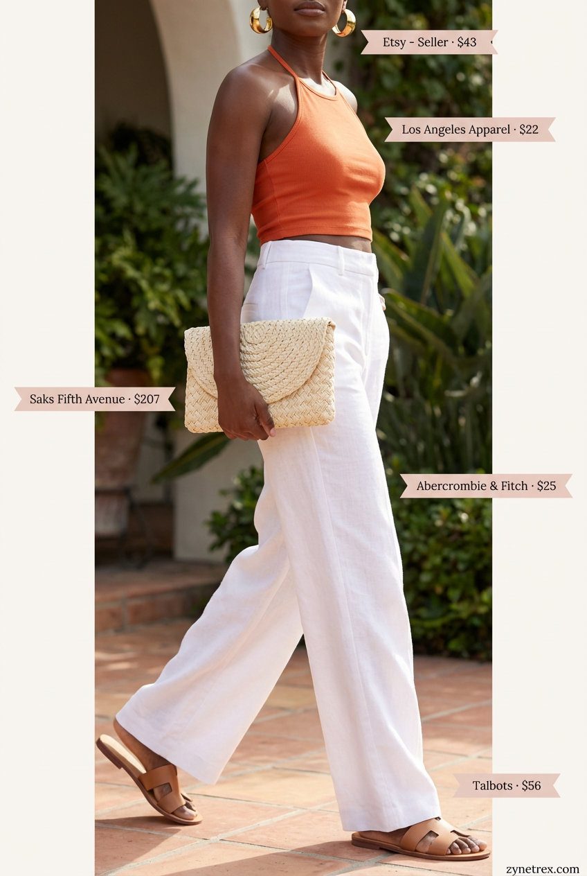Radiant black woman in white wide-leg linen trousers, terracotta knit halter top, and gold hoop earrings. Chic summer outfits for black women 2026 brunch.