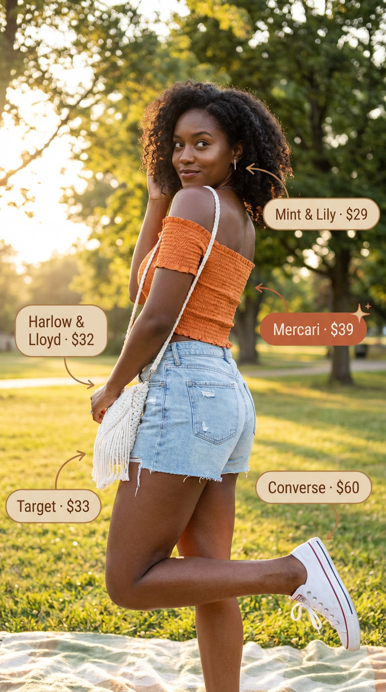 Black woman in coral off-shoulder crop top and distressed denim shorts, with white sneakers and a woven crossbody bag. A playful choice for summer outfits for black women 2026.