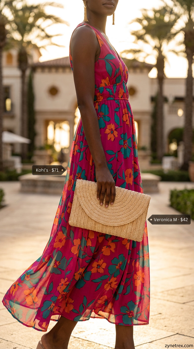 Exotic resort wear summer outfit for black women 2026: teal tropical print maxi dress, espadrille wedges, woven clutch, and gold tassel earrings, perfect for vacation.