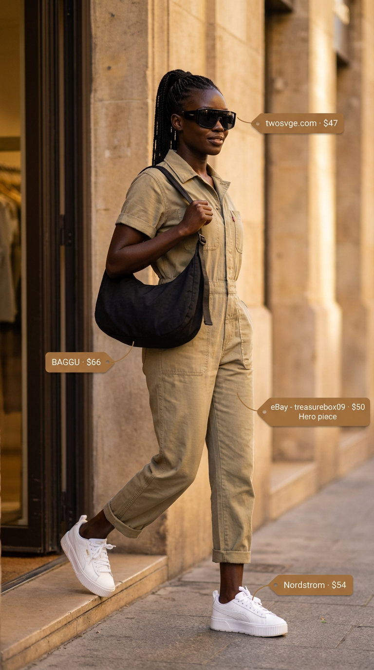 Chic black woman in a khaki utility jumpsuit, white sneakers, and black crossbody bag for stylish summer outfits for black women 2026. Perfect for urban adventures.