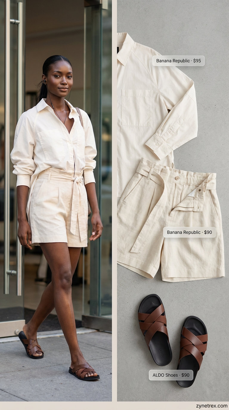 Relaxed weekend summer outfit for black women 2026 featuring khaki paperbag shorts, cream oversized button-down, and flat brown sandals. Perfect for brunch or errands.