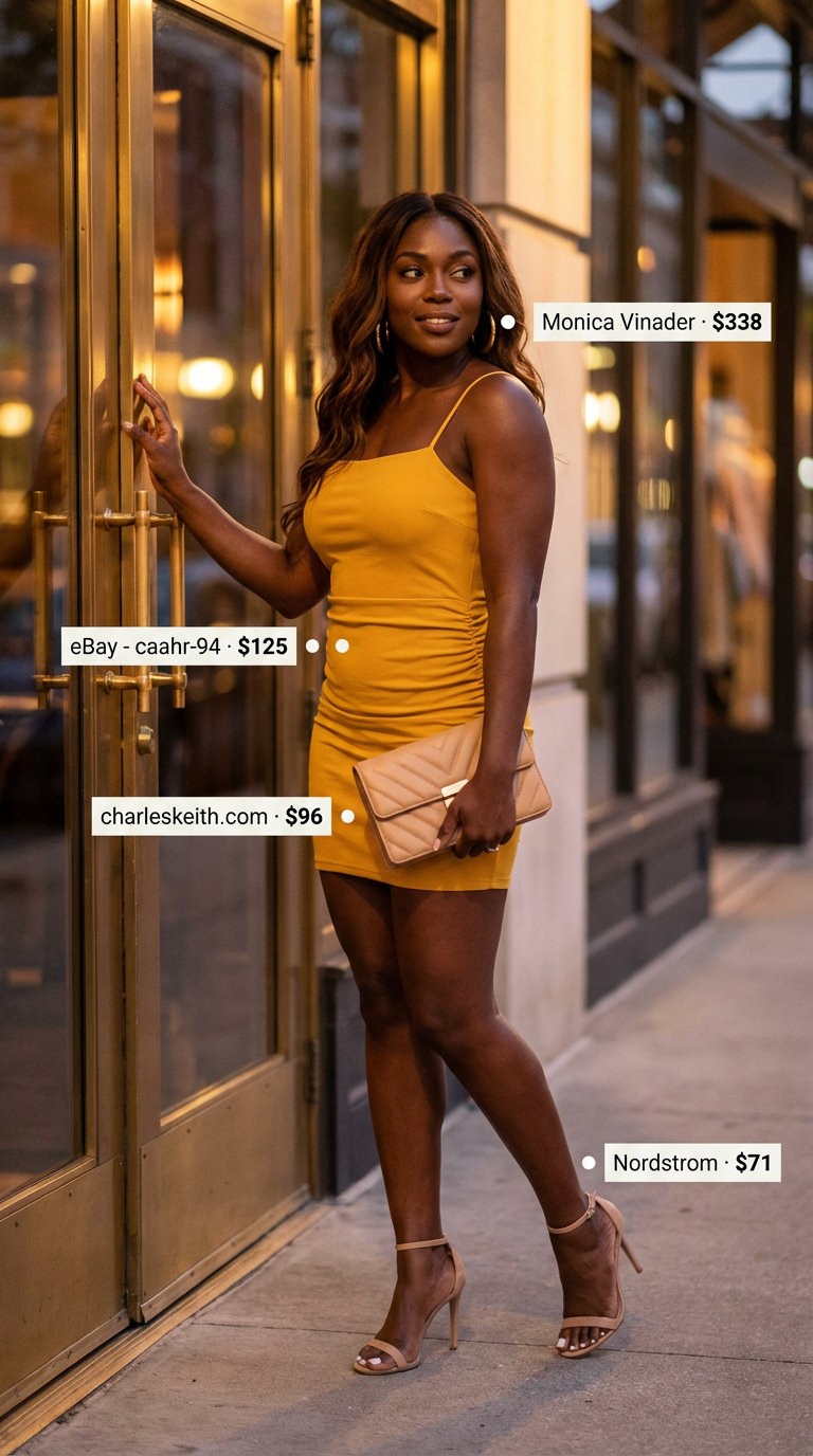 Glamorous mustard yellow bodycon mini dress with black heels and clutch for stylish summer outfits for black women 2026 cocktail parties.