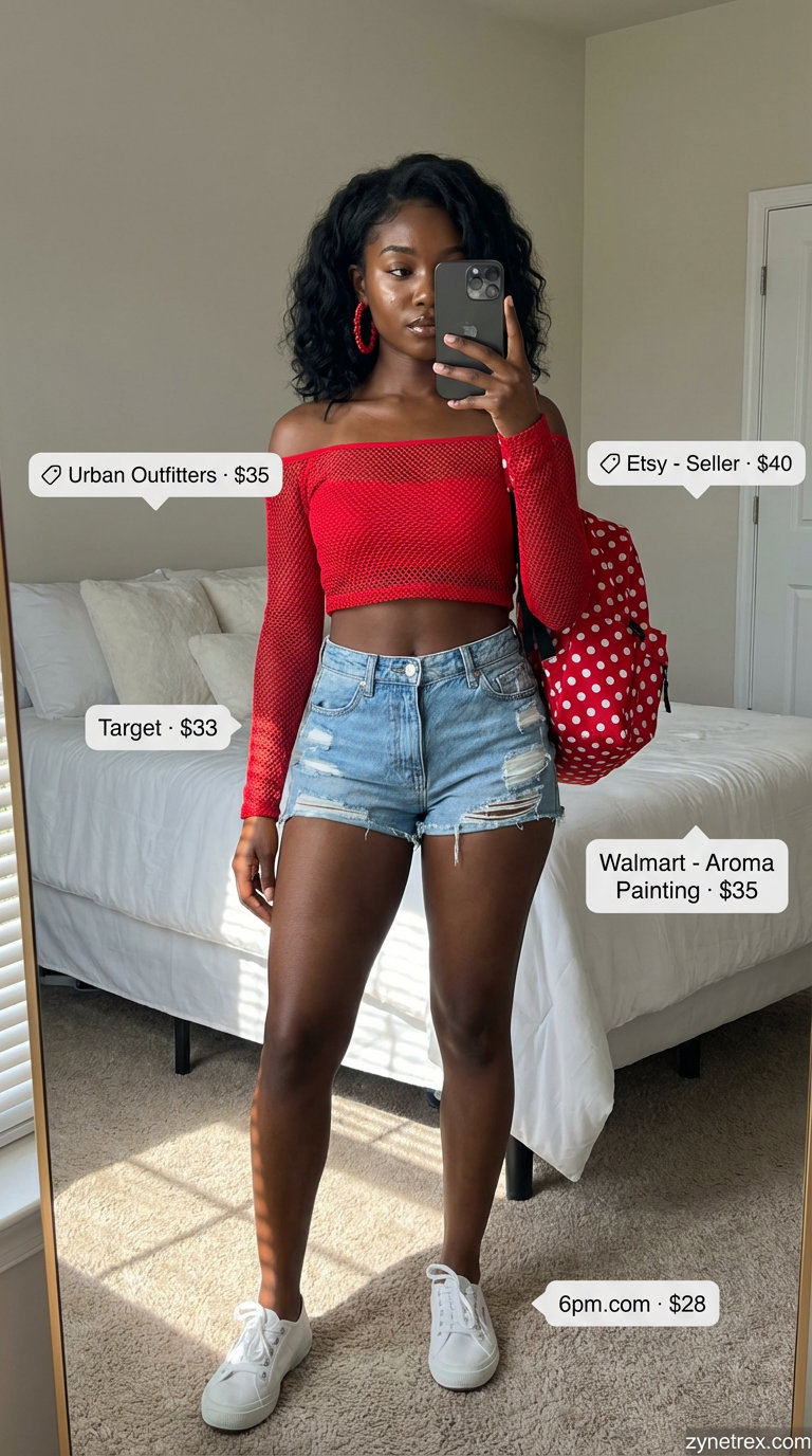 Playful light wash denim shorts with a red off-shoulder crop top and white sneakers, creating a retro vibe for summer outfits for black women 2026.