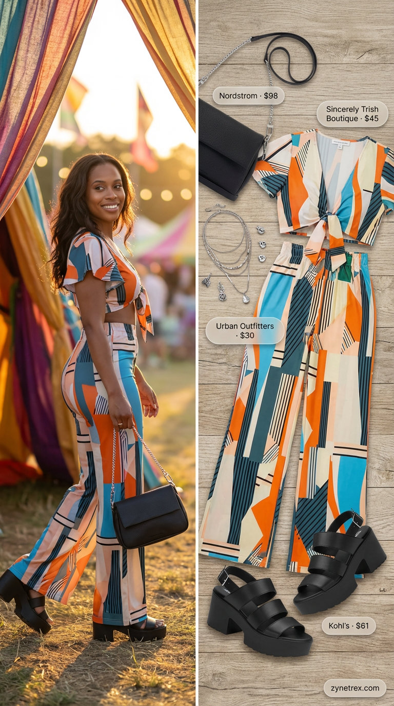 Playful and energetic multi-color abstract print two-piece summer outfit for black women 2026, featuring a cropped off-the-shoulder top and wide-leg pants, styled with black platform sandals and silver necklaces, ideal for a festival.