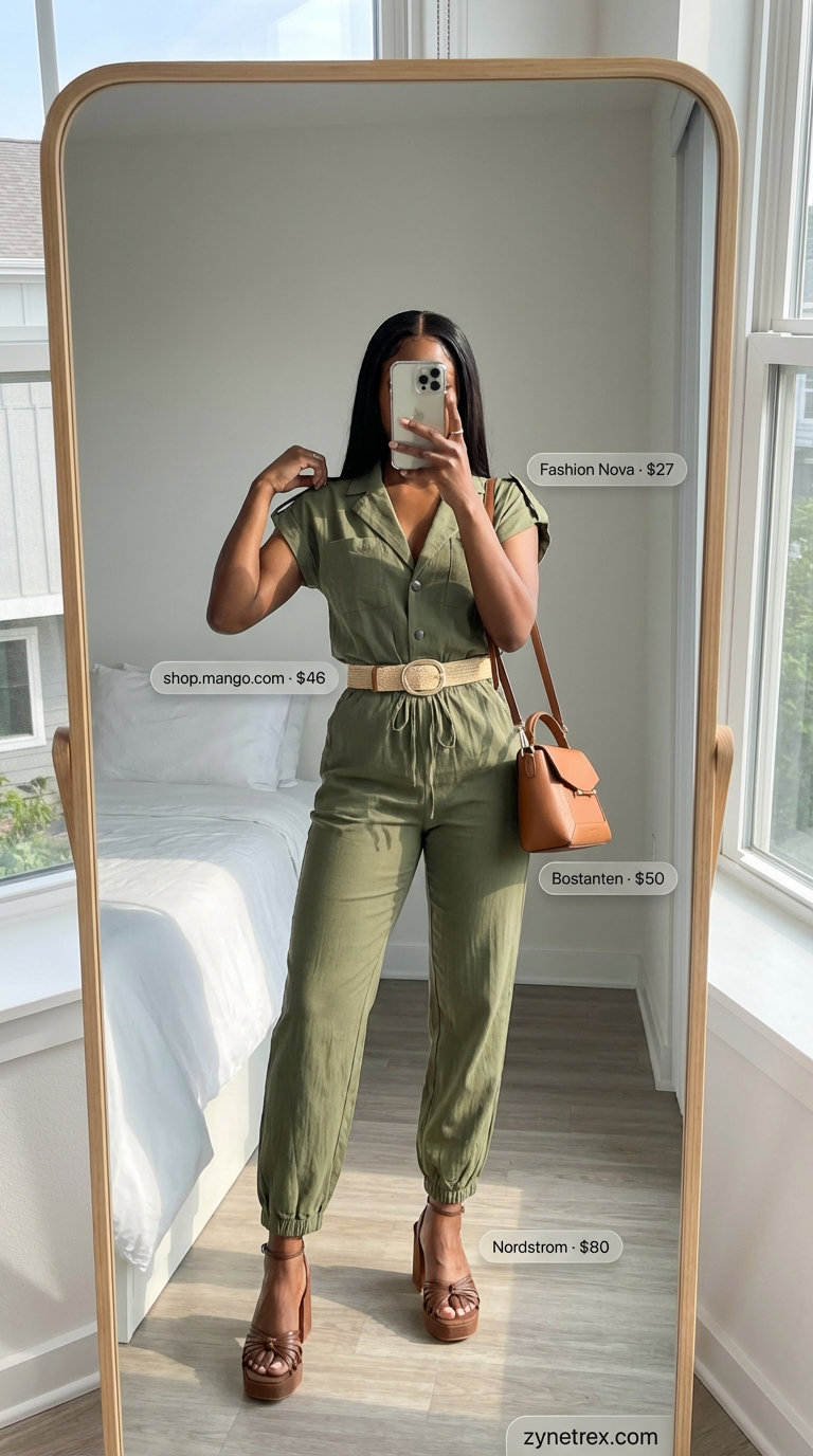 Chic olive green utility jumpsuit with a straw belt and cognac crossbody bag, styled for summer outfits for black women 2026. Perfect for brunch or casual dinner.