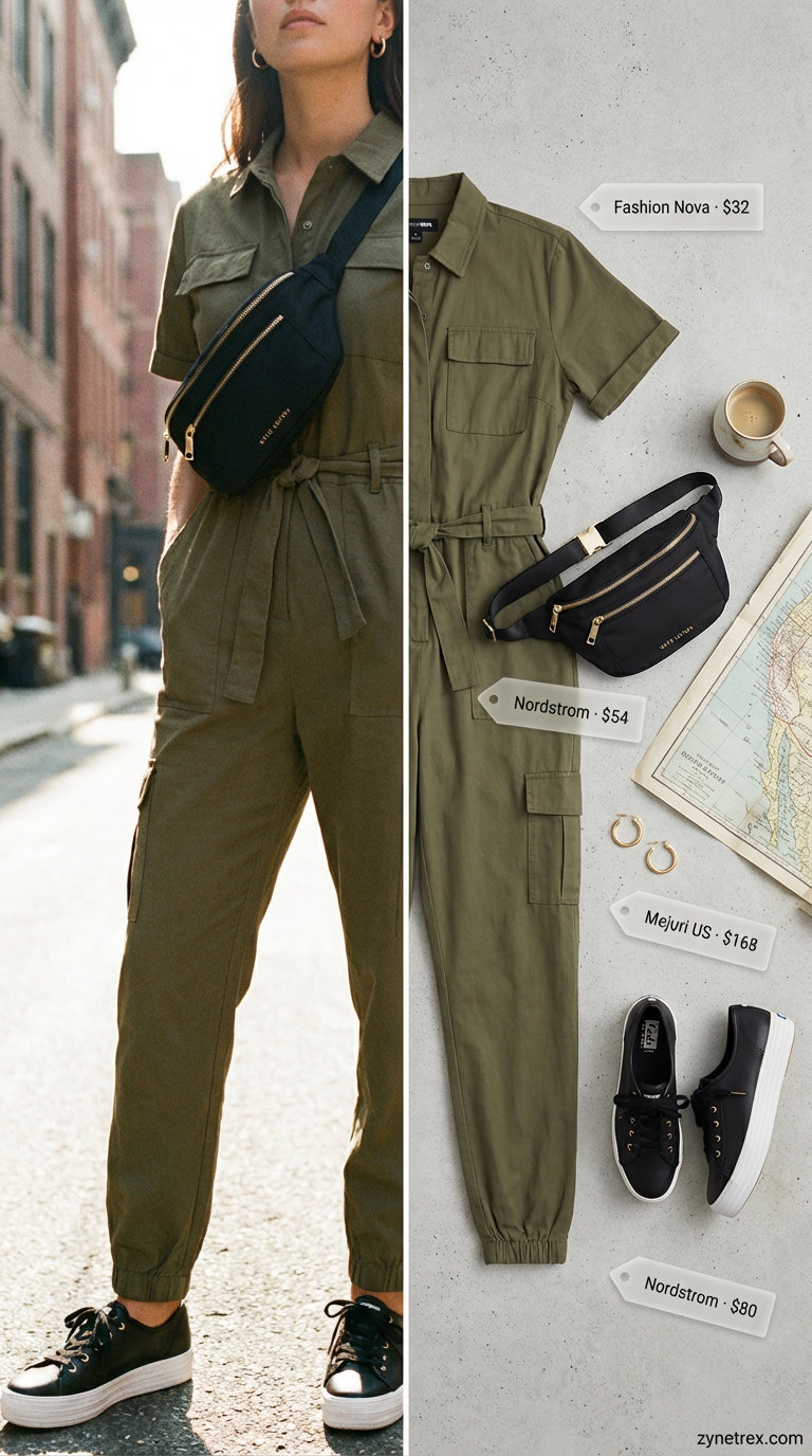 Adventurous olive green utility jumpsuit paired with black platform sneakers and a belt bag, excellent for summer outfits for black women 2026 city exploration.