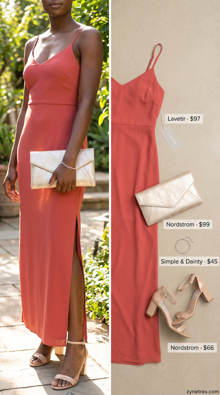 Romantic deep coral V-neck maxi dress with nude block heels and a gold clutch, perfect for elegant summer outfits for black women 2026 date nights.