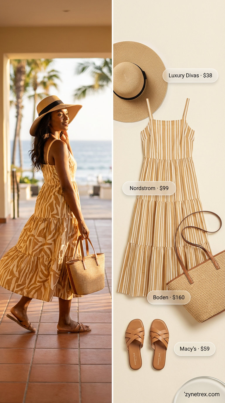 Flowy terracotta and cream abstract print maxi dress with a wide-brim hat and straw tote, essential for effortless summer outfits for black women 2026.
