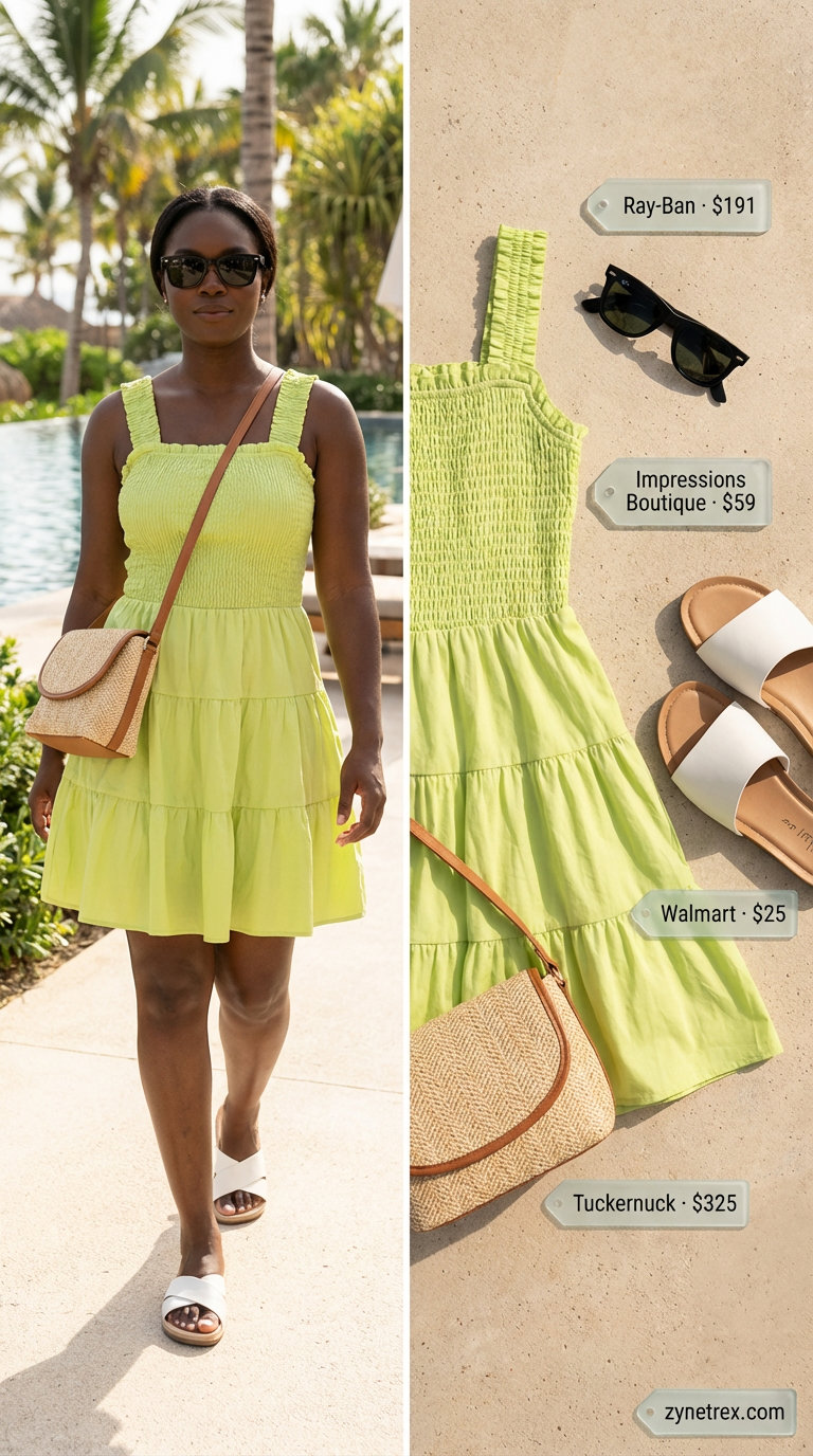 Playful lime green smocked mini dress with white slide sandals and a woven crossbody bag, great for poolside summer outfits for black women 2026.