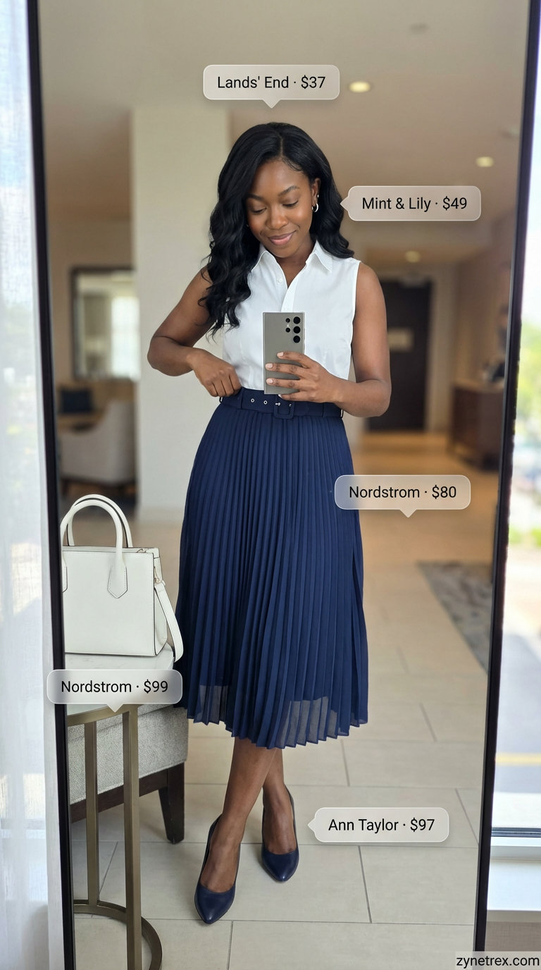 Elegant professional summer outfit for black women 2026 featuring a crisp white sleeveless blouse, navy pleated midi skirt, silver earrings, and a white structured satchel, perfect for office or business lunch.