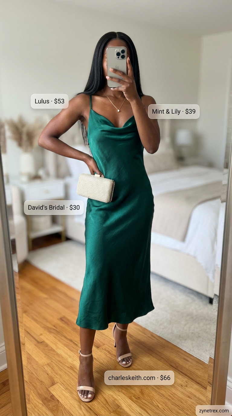 Sophisticated emerald green satin midi slip dress with nude heels and gold accessories, an elegant option for summer outfits for black women 2026 evening events.