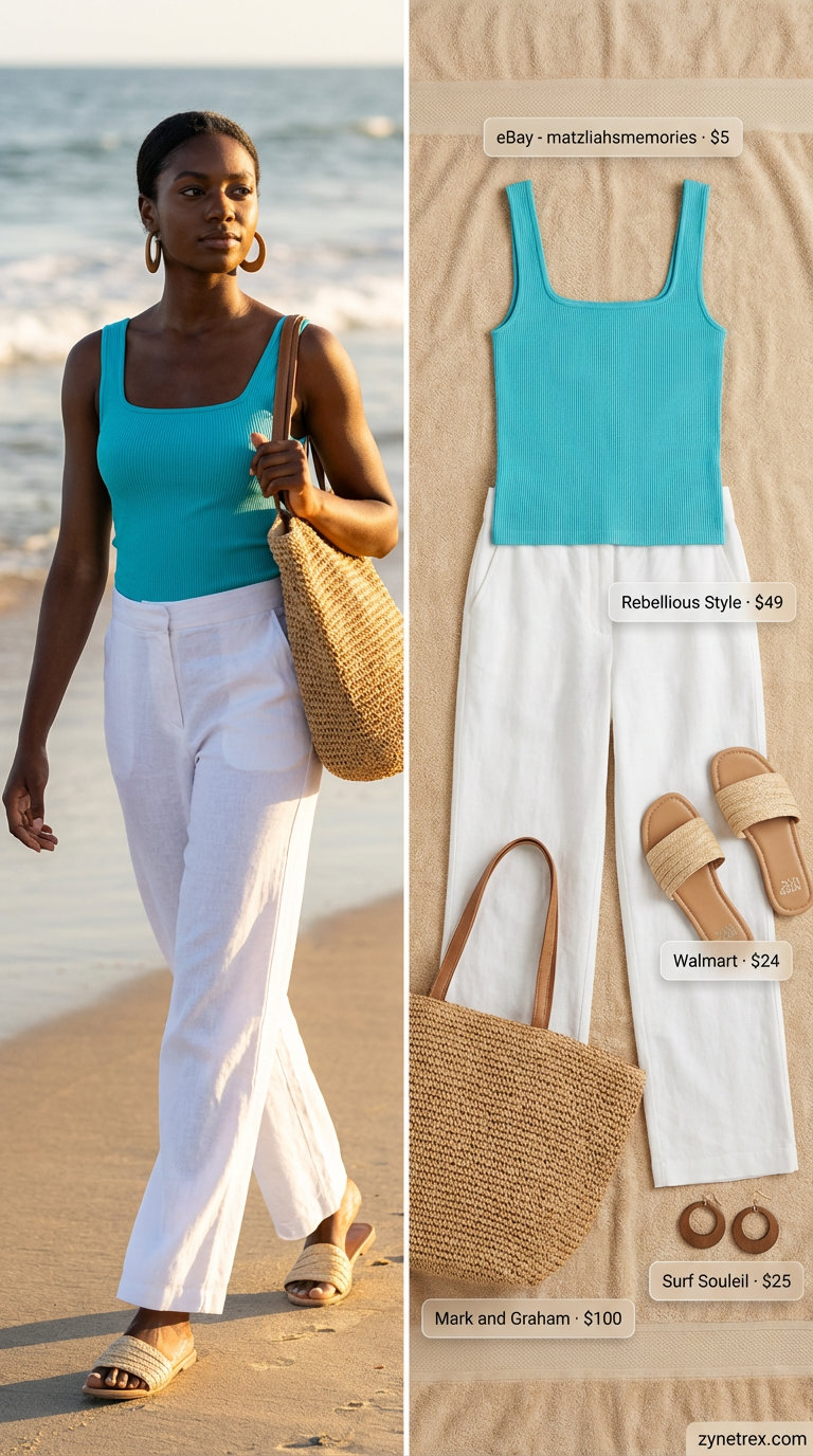 Relaxed turquoise ribbed tank top with white wide-leg linen pants, straw tote, and wooden hoops, ideal for summer outfits for black women 2026 vacation styles.