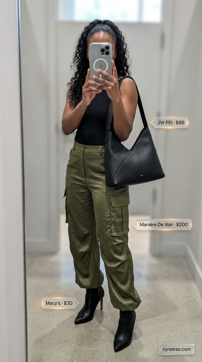 Sleek black fitted ribbed racerback tank top with olive green satin cargo pants, an edgy urban chic outfit for a night out. Not a 'hot top', but a stylish summer outfit 2026 for concerts. Silver accessories complete the look.