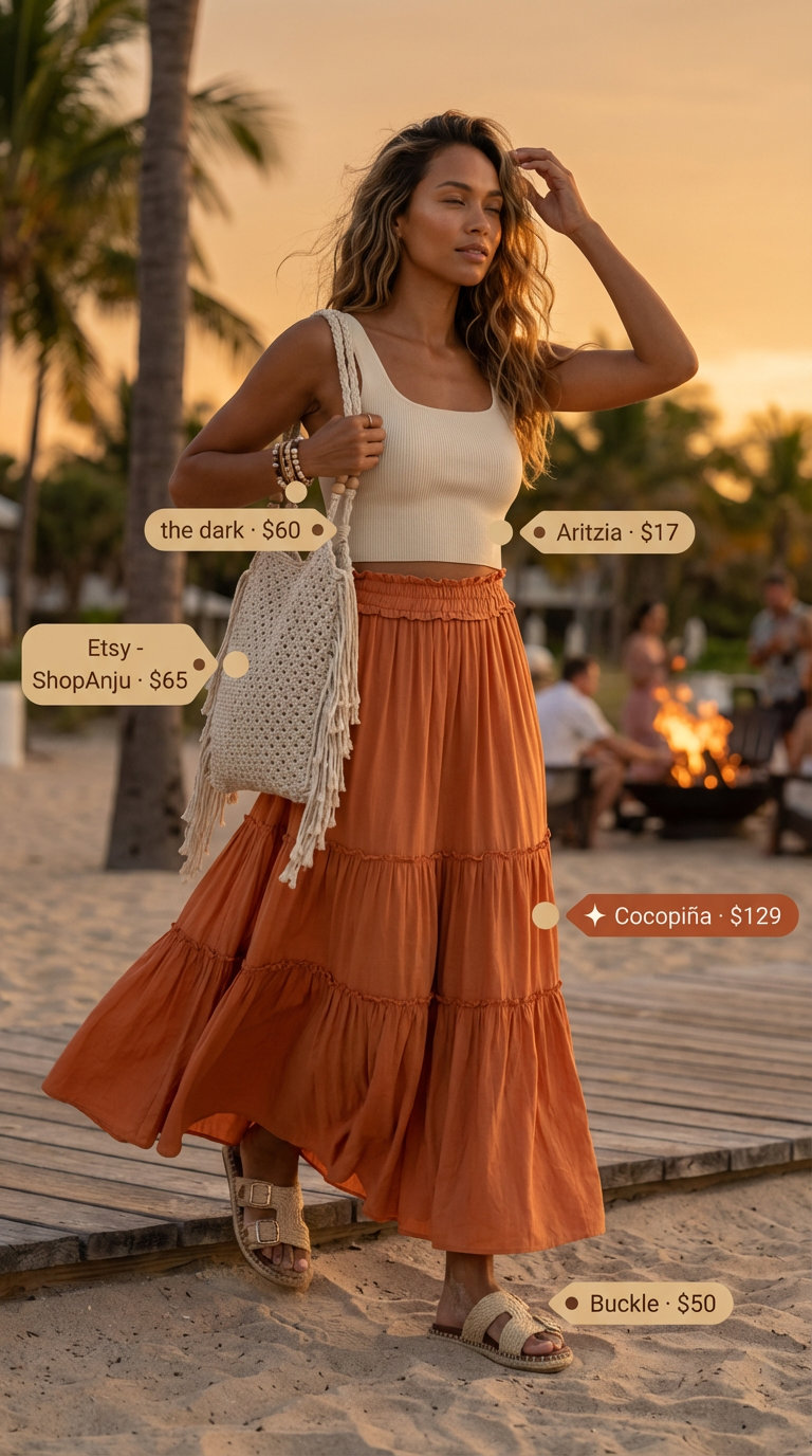 Boho Sunset Soiree | Summer Pool Party Outfit 2026 Boho terracotta tiered maxi skirt with a cream tank top, perfect for a summer pool party outfit for women 2026 or beach bonfire.