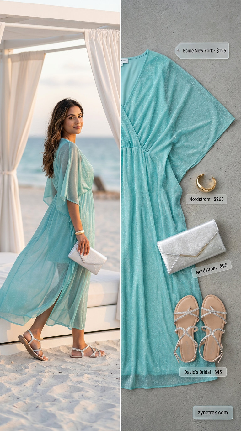 Ethereal Aqua Caftan | Luxury Summer Pool Party 2026 Ethereal aqua blue silk chiffon caftan maxi dress for a luxury summer pool party outfit for women 2026, with embellished flat sandals.