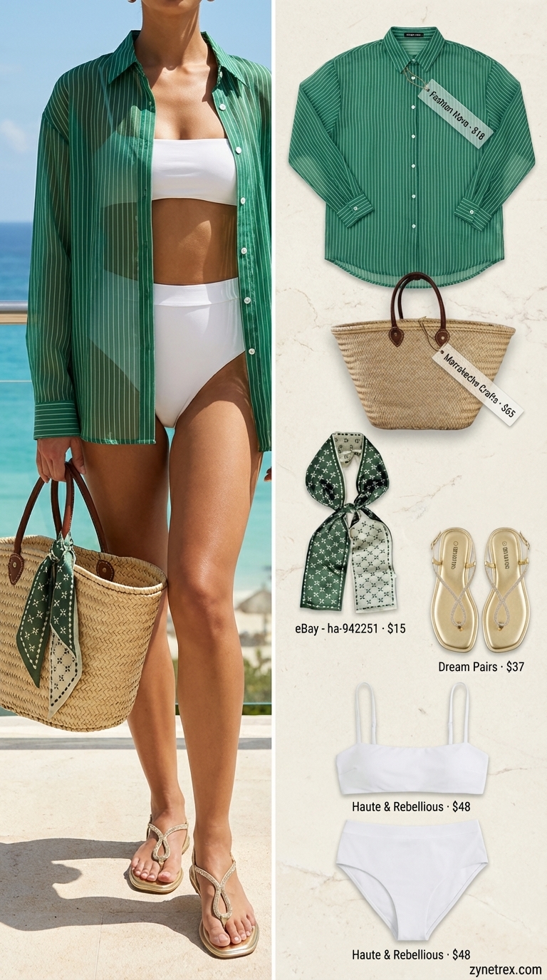 Retro Glam Poolside | Summer Pool Party Outfits 2026 Retro emerald green chiffon button-down over white bikini for a playful summer pool party outfit for women 2026.