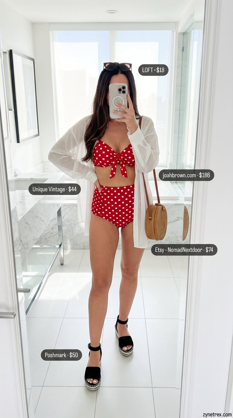 Retro Poolside Siren | Summer Pool Party Outfit 2026 Retro red and white polka dot bikini with a white sheer button-down for a flirty summer pool party outfit for women 2026.
