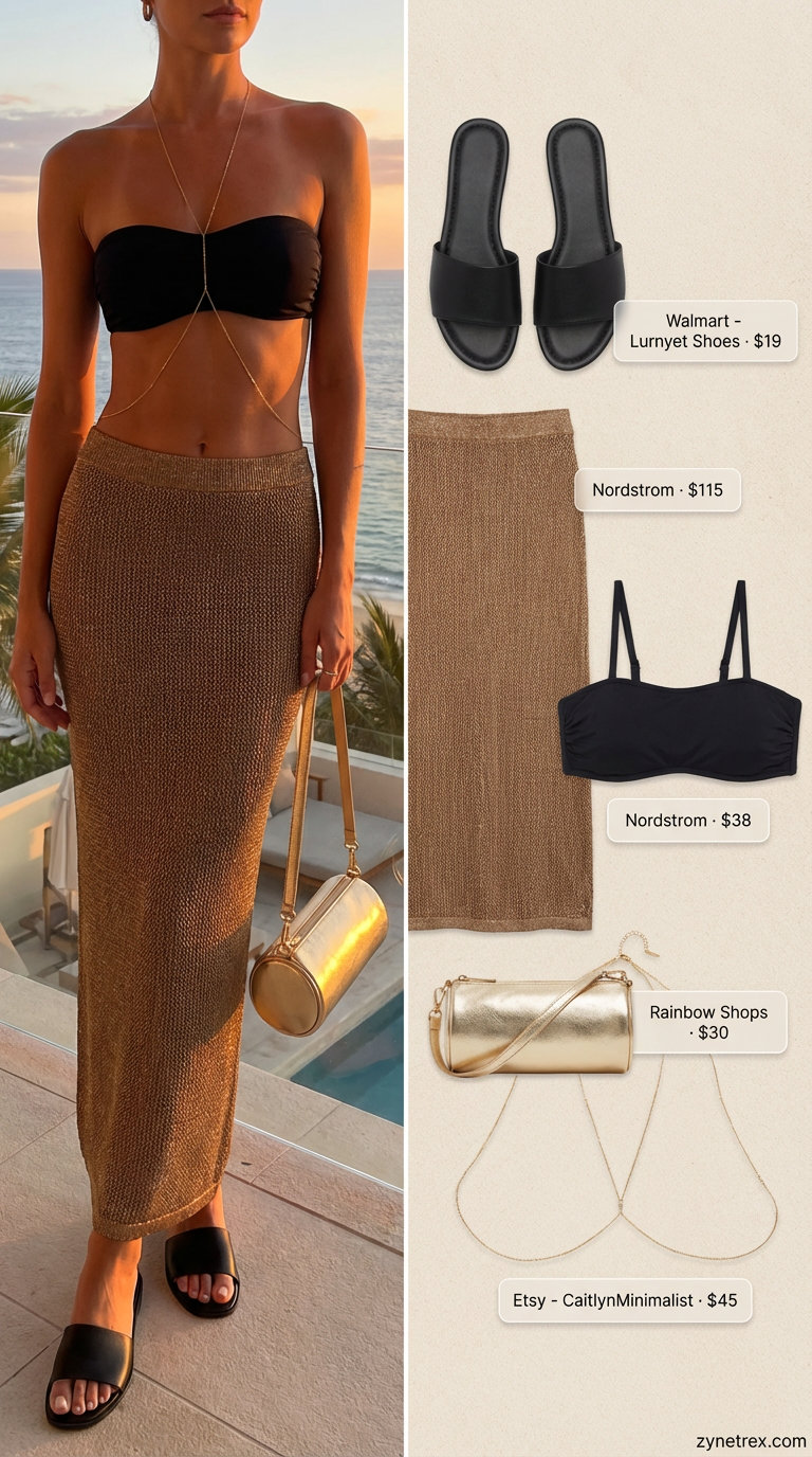 Sultry Bronze Pool Party Look | Women's Summer 2026 Sultry bronze and black summer pool party outfit for women 2026, featuring a metallic knit midi skirt, black bandeau, gold body chain, and black slide sandals.