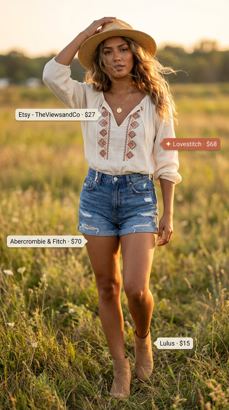 Bohemian cream loose-fitting embroidered peasant summer shirt outfit for women 2026, paired with indigo blue distressed denim shorts, tan suede ankle boots, a fringed suede crossbody bag, and layered coin necklaces, ideal for a music festival.