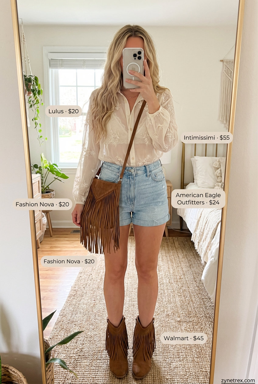 Free-spirited cream sheer embroidered button-down summer shirt outfit for women 2026, worn open over a nude bralette with high-waisted distressed denim shorts, cognac suede fringe ankle boots, and a fringed crossbody bag, ideal for a music festival.