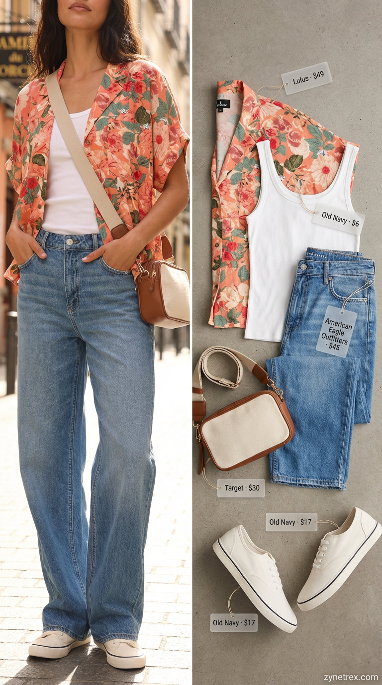 Playful casual summer shirt outfit for women 2026: a coral floral short-sleeve button-down over a white tank, wide-leg jeans, and white sneakers. Perfect for a backyard BBQ or evening stroll.