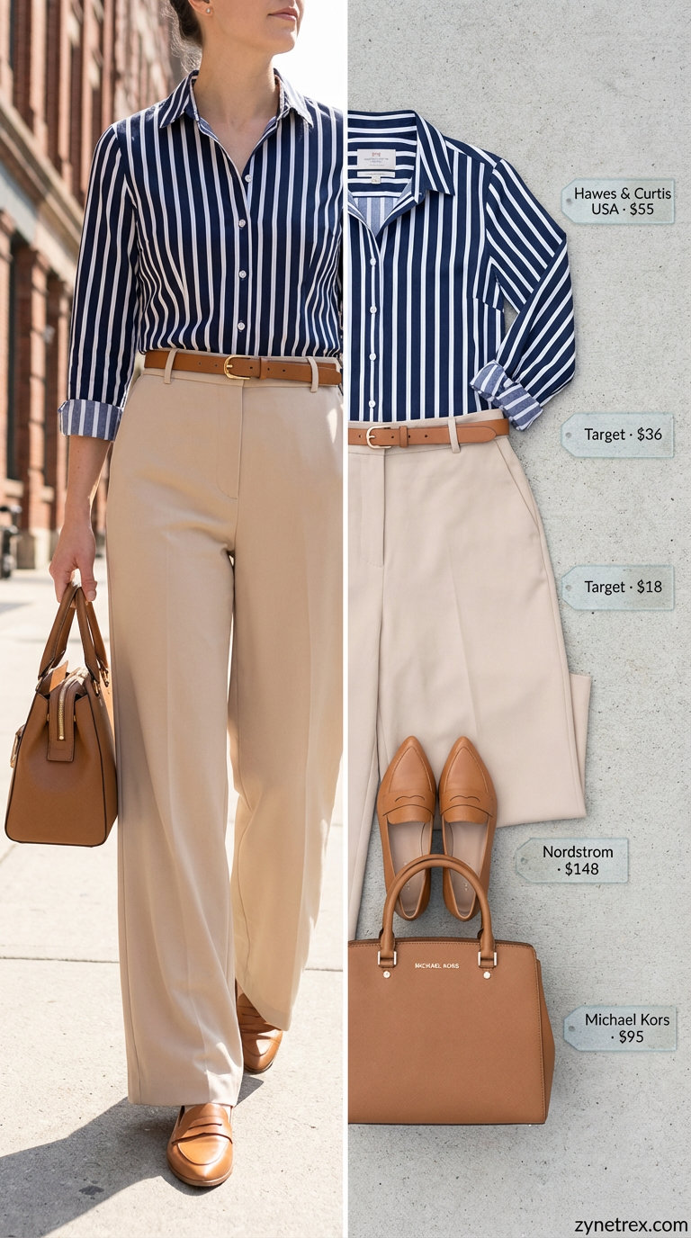 Chic city escape summer shirt outfit for women 2026 featuring a navy and white striped button-down, tan paper-bag trousers, and cognac loafers, ideal for casual office or lunch. Polished and comfortable.