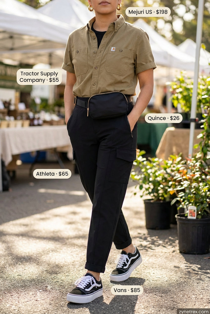 Trendy city safari outfit: khaki short-sleeved utility button-down shirt, black cargo pants, platform sneakers, and a belt bag for summer shirt outfits for women 2026.