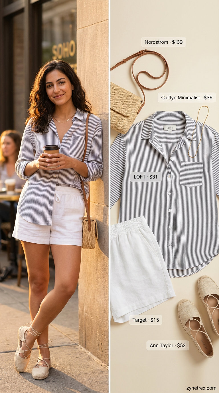 Chic coastal look with an oversized sky blue and white striped button-down shirt, white linen shorts, espadrille sandals, and a straw crossbody, ideal for summer shirt outfits for women 2026.