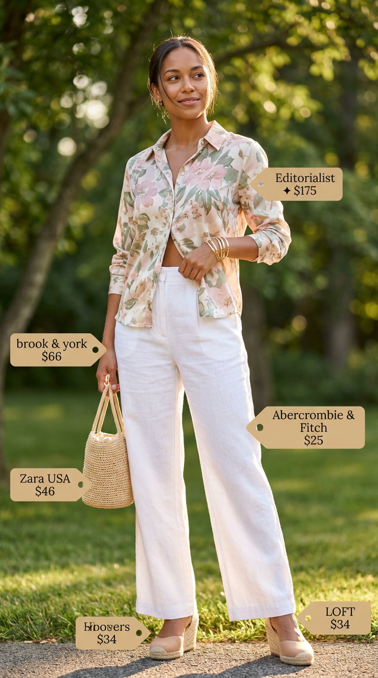 Elegant white and pink floral silk summer shirt outfit for women 2026, paired with white tailored wide-leg linen pants, nude espadrille wedges, a raffia bag, and a delicate gold bangle, ideal for a garden party or upscale brunch.
