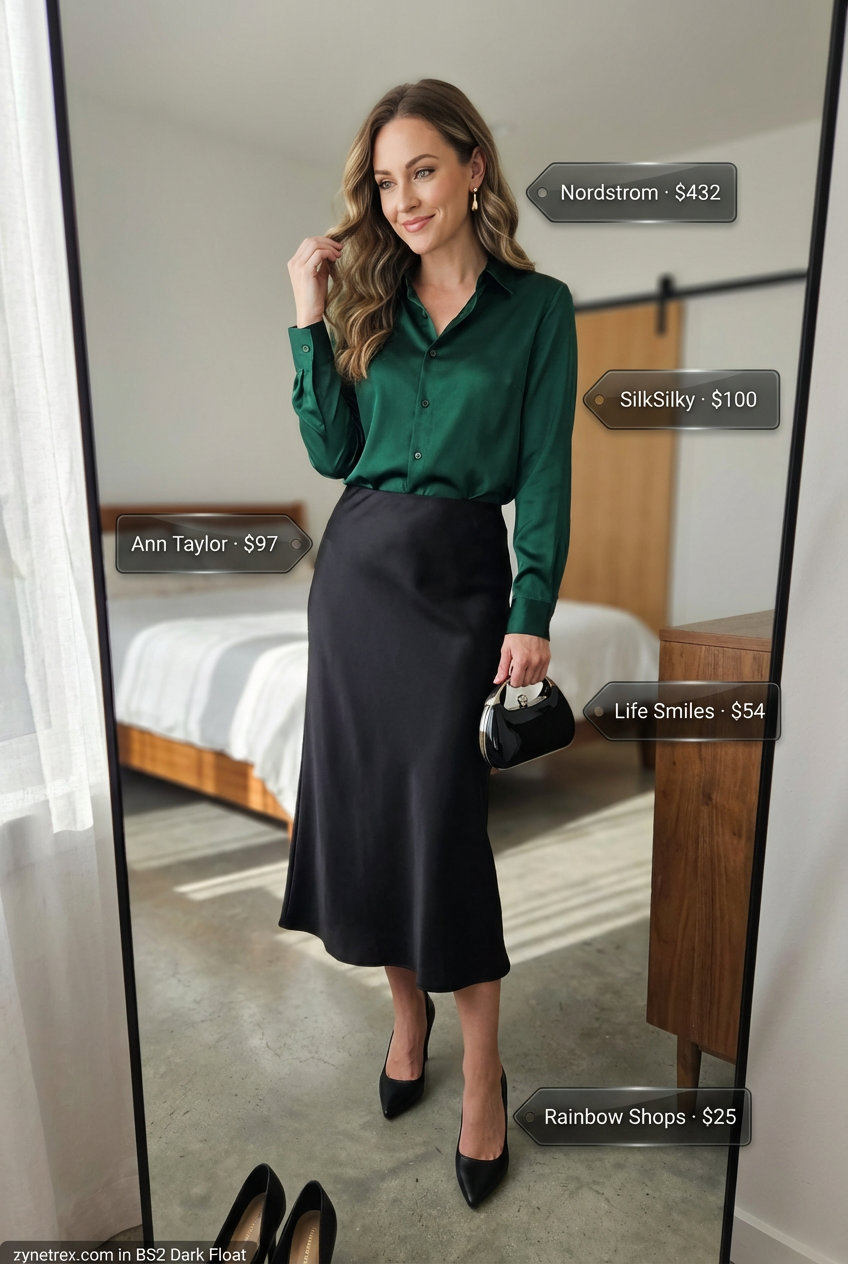 Alluring emerald green silk button-down summer shirt outfit for women 2026, styled with a black high-waisted bias-cut satin midi skirt, black strappy heels, a mini clutch, and delicate gold drop earrings, perfect for a sophisticated date night.