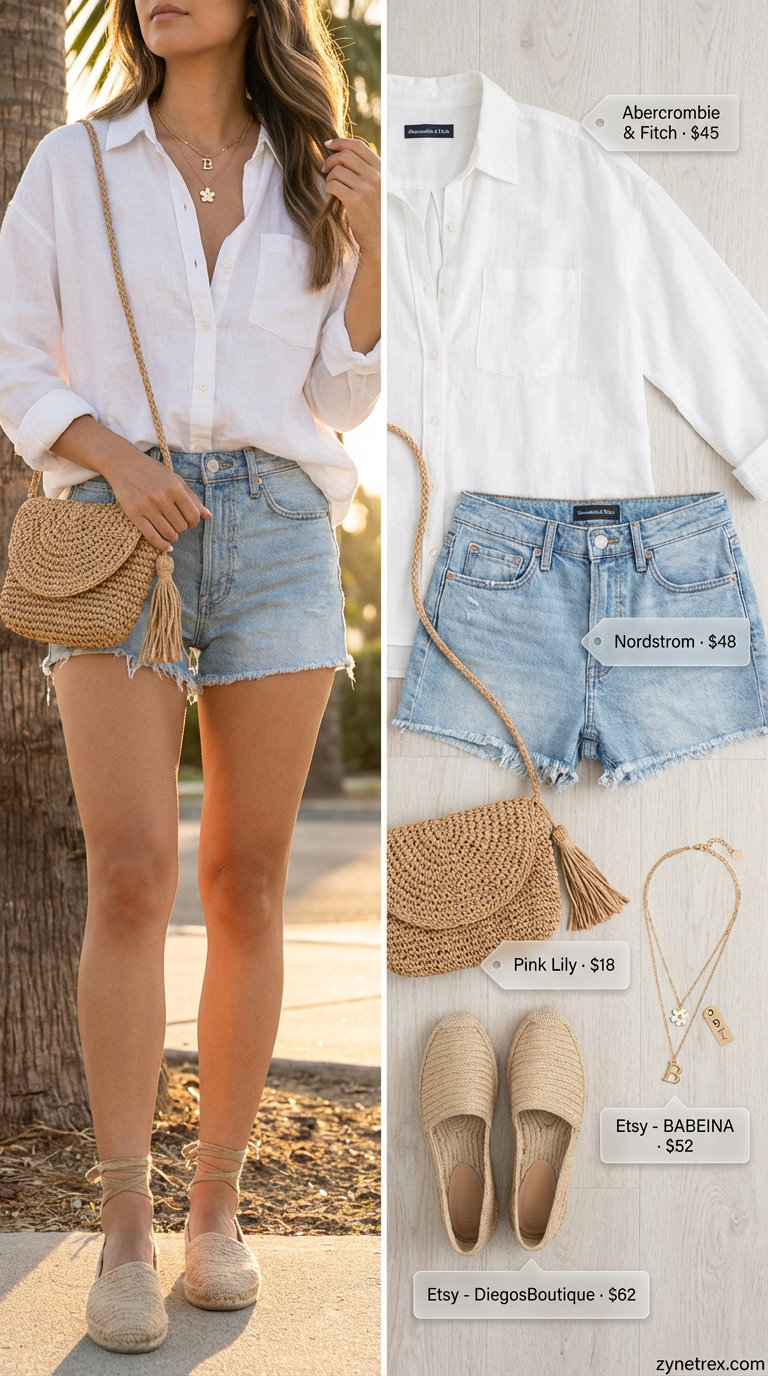 Light and refreshing coastal brunch outfit with a crisp white linen button-down shirt, light wash denim shorts, espadrille sandals, and a straw crossbody, for summer shirt outfits for women 2026.