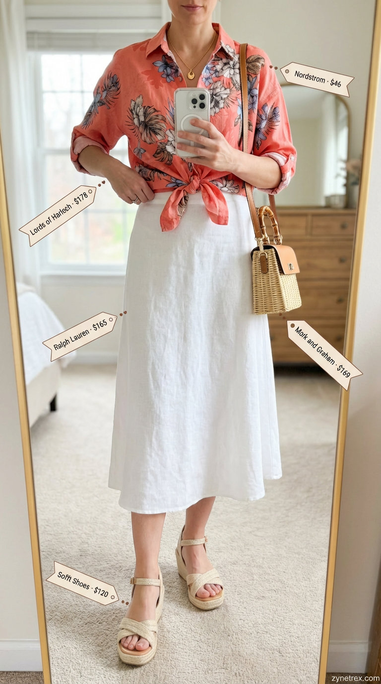 Feminine coral pink floral print short-sleeve summer shirt outfit for women 2026, styled with a white flowy A-line linen blend midi skirt, jute espadrille wedges, a wicker crossbody bag, and a delicate gold pendant necklace, for a garden party.