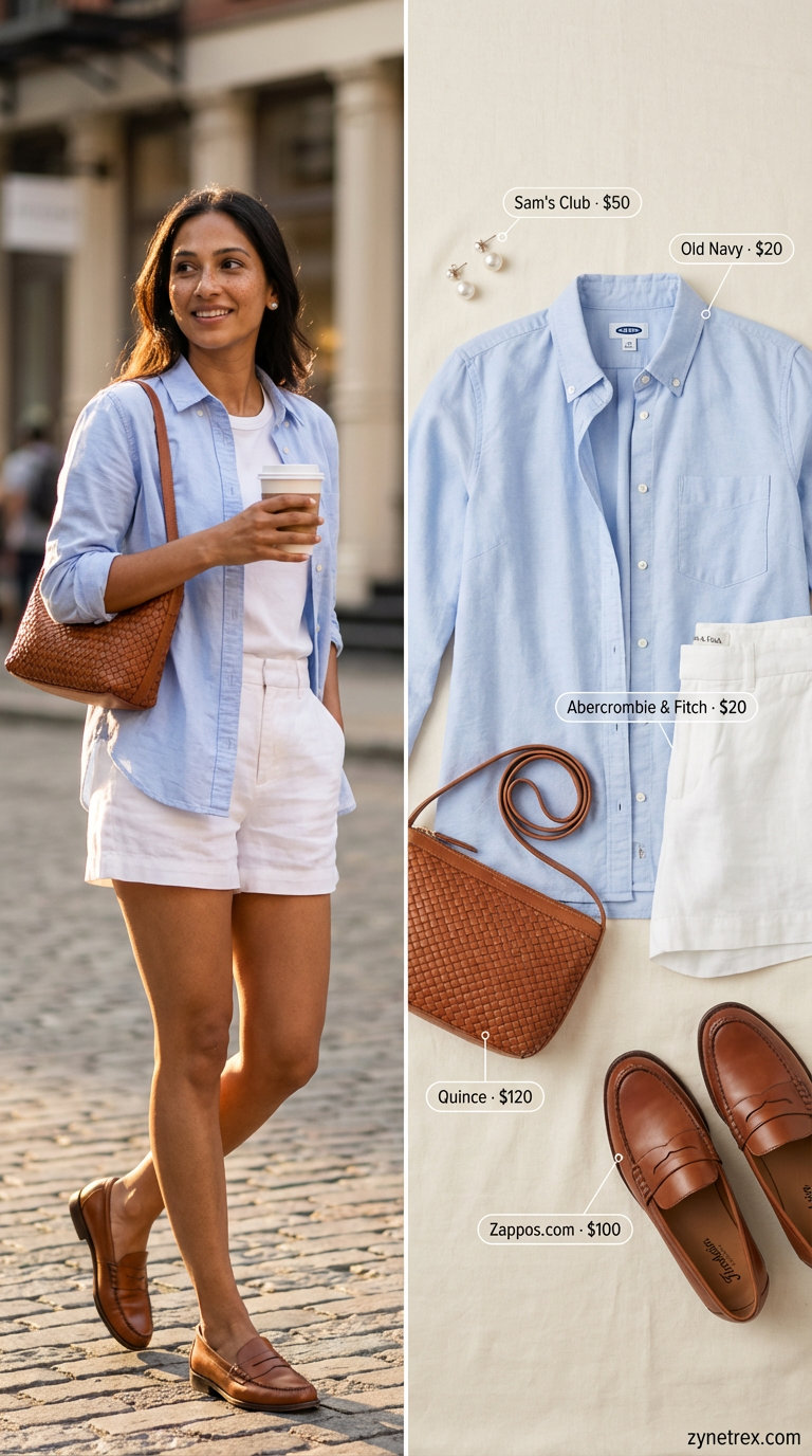 Preppy summer shirt outfit for women 2026: a light blue oxford button-down, crisp white linen shorts, brown penny loafers, and a woven leather shoulder bag. Ideal for a lakeside lunch.