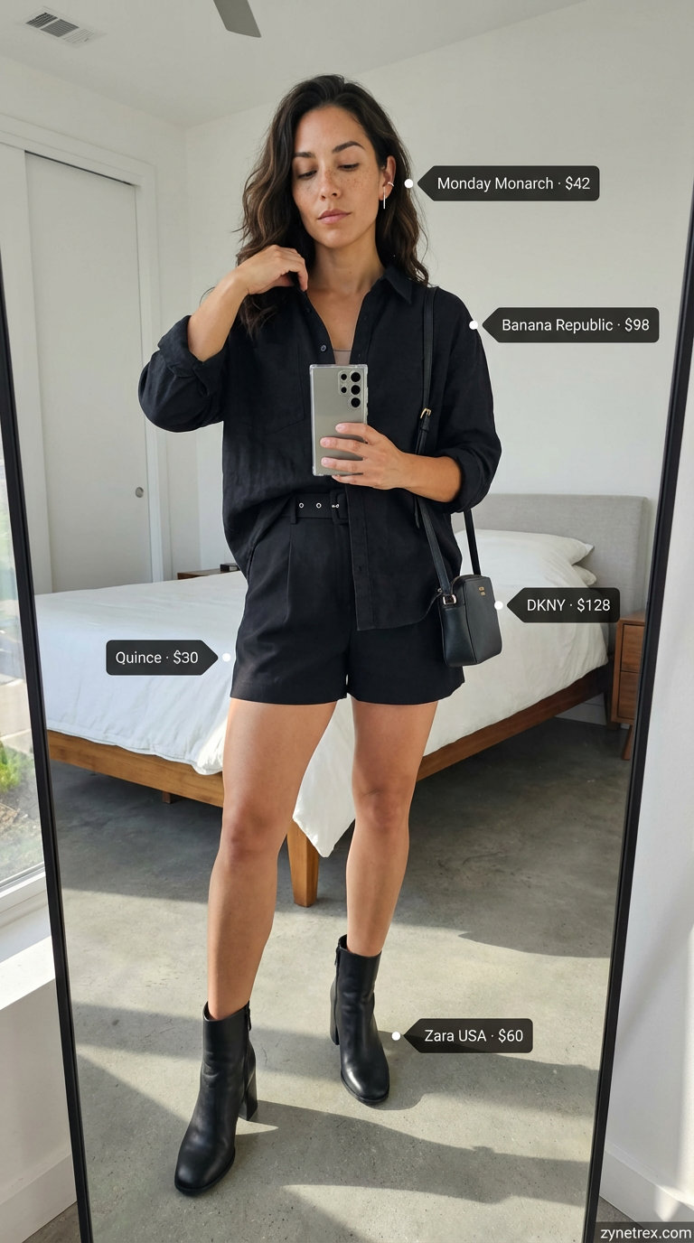 Edgy monochrome city outfit with an oversized black linen blend button-down shirt, tailored black shorts, ankle boots, and a mini crossbody for summer shirt outfits for women 2026.
