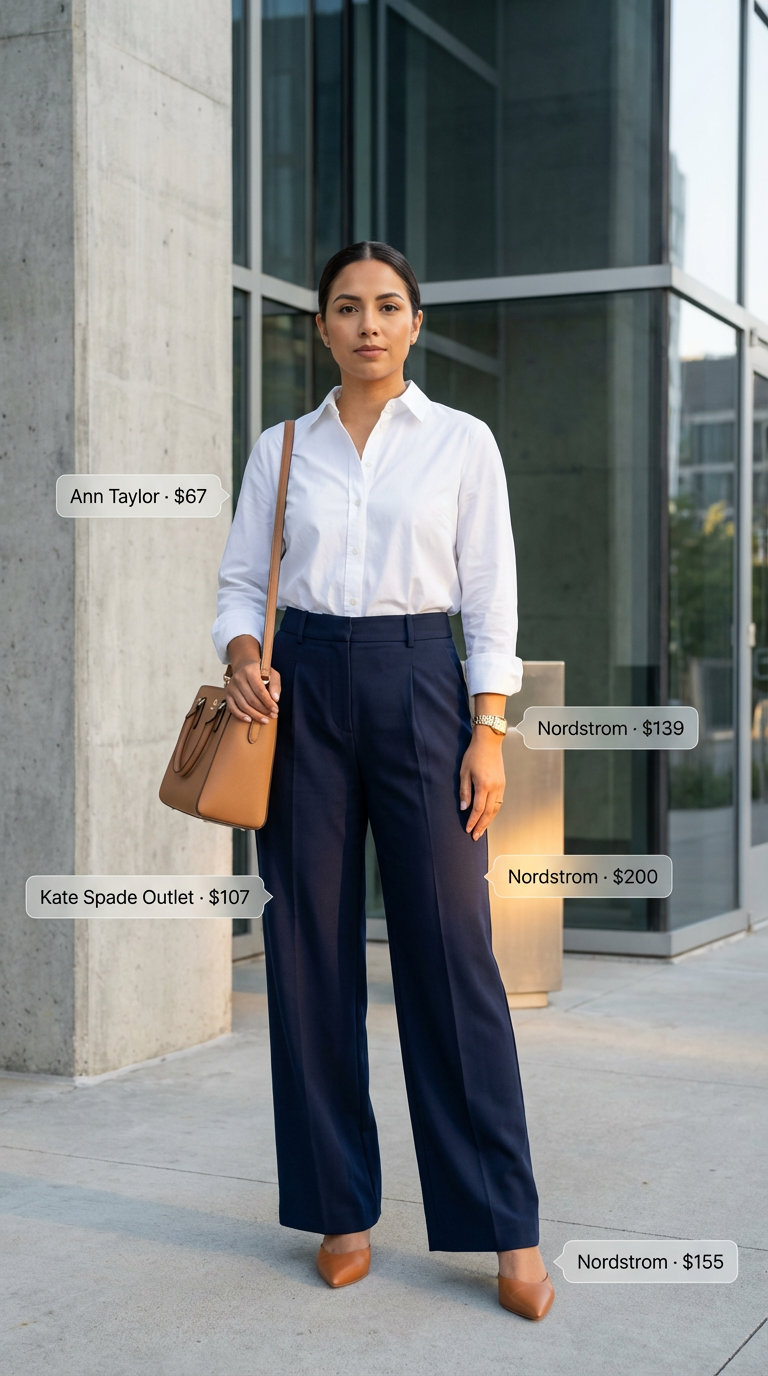 Professional summer shirt outfit for women 2026 with a crisp white button-down, navy wool wide-leg trousers, tan mules, and a black satchel, perfect for office or business meetings. Confident and elegant.