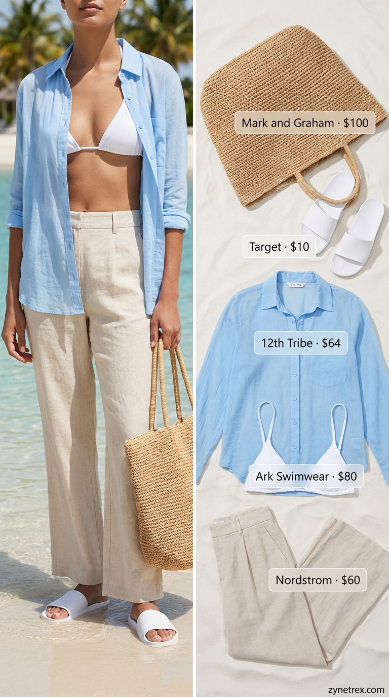 Beachy resort summer shirt outfit for women 2026: a sky blue sheer oversized button-down over a white bikini top, natural linen wide-leg pants, and white slide sandals. Perfect for a beach day.