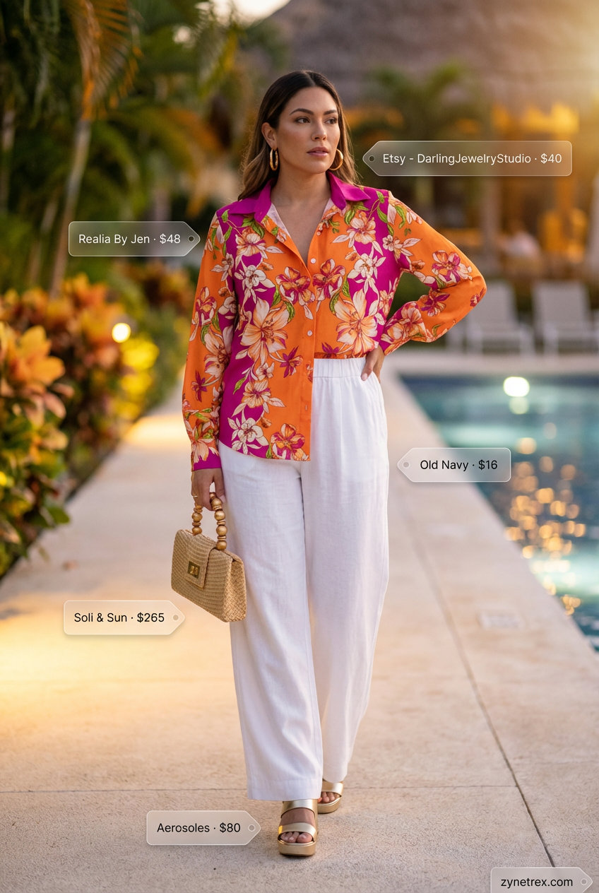 Glamorous pink and orange printed summer shirt outfit for women 2026, styled with crisp white wide-leg linen pants, gold platform sandals, oversized gold hoop earrings, and a straw clutch, perfect for resort wear or a vacation dinner.