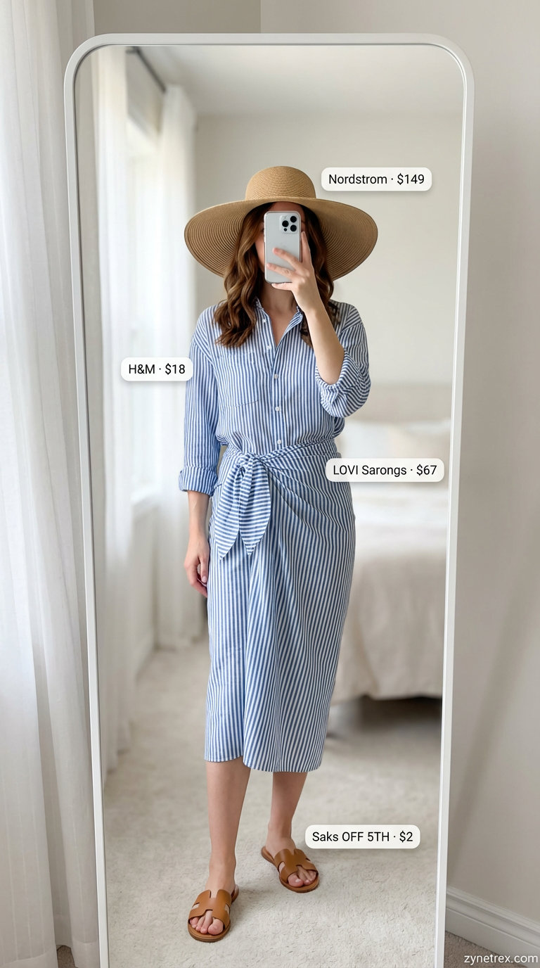 Riviera-inspired resort wear featuring an oversized sky blue and white striped linen button-down shirt, matching sarong skirt, bikini top, slide sandals, and a wide-brim hat for summer shirt outfits for women 2026.