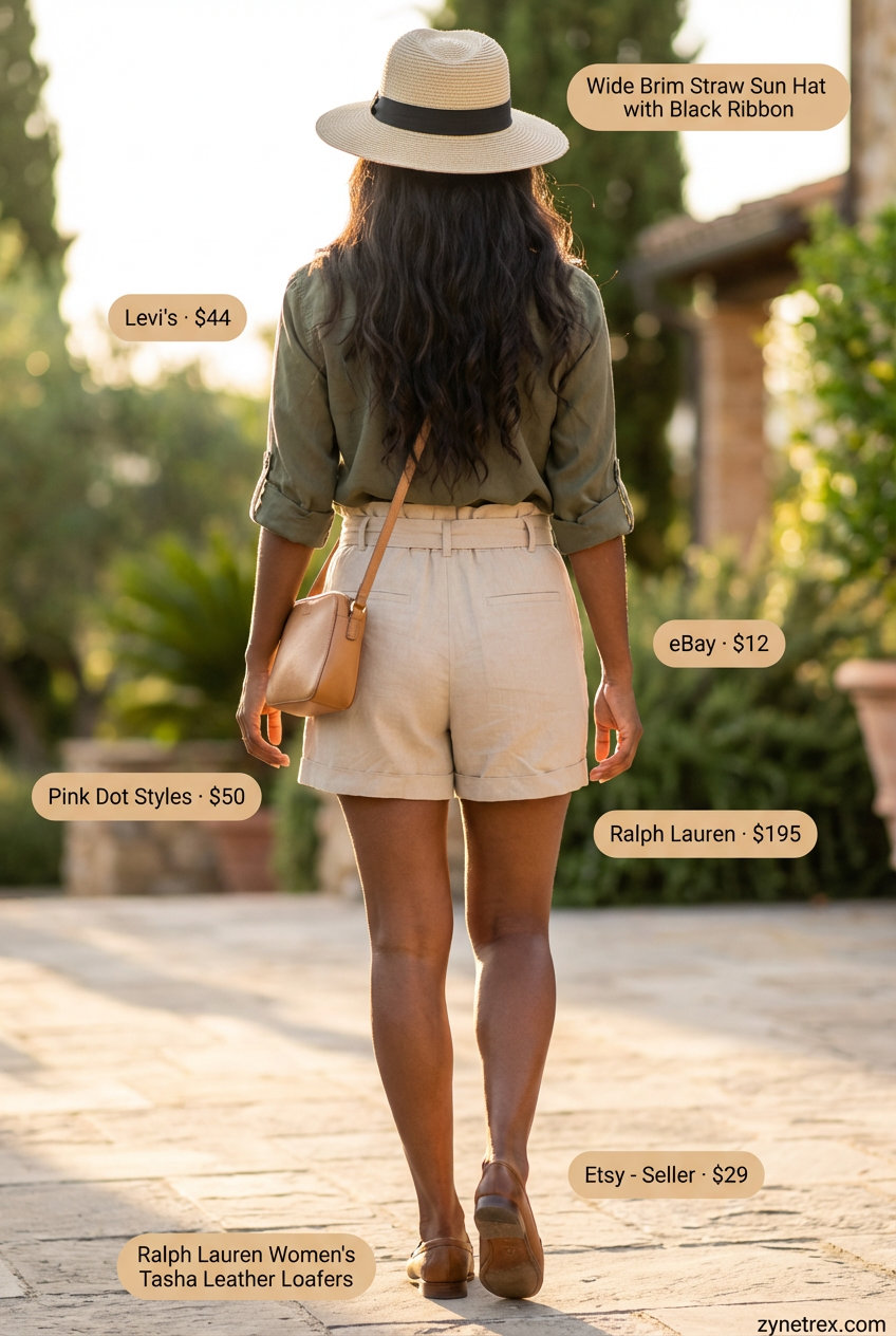 Adventurous olive green utility button-down shirt paired with beige linen shorts, tan loafers, and a straw hat for safari chic summer shirt outfits for women 2026.