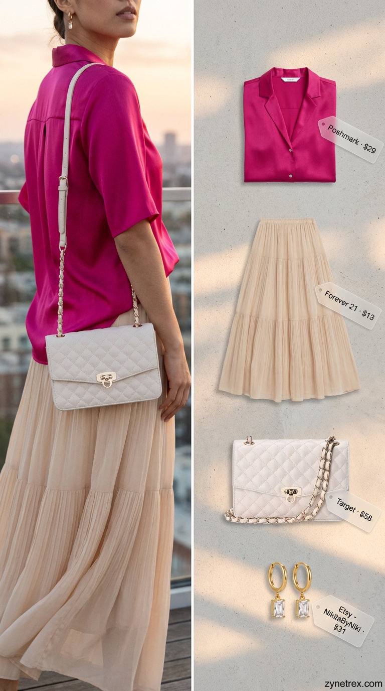 Romantic fuchsia pink silk charmeuse short-sleeve summer shirt outfit for women 2026, paired with a cream tiered maxi skirt, gold metallic block heels, a quilted cream shoulder bag, and crystal dangle earrings, perfect for a sunset date night.