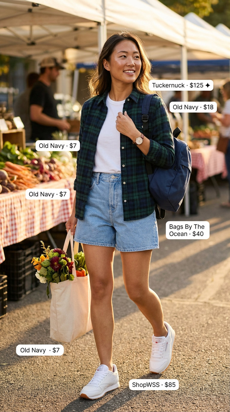 Comfortable weekend summer shirt outfit for women 2026: an oversized green and navy plaid flannel button-down over a white tee, denim shorts, and white sneakers. Ideal for running errands.