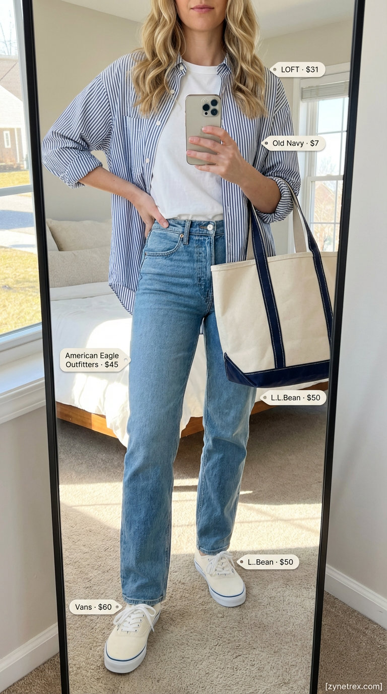 A woman casually styled in a light blue and white striped oversized button-down shirt, white tee, denim jeans, and sneakers, perfect for summer shirt outfits for women 2026. She carries a beige canvas tote.
