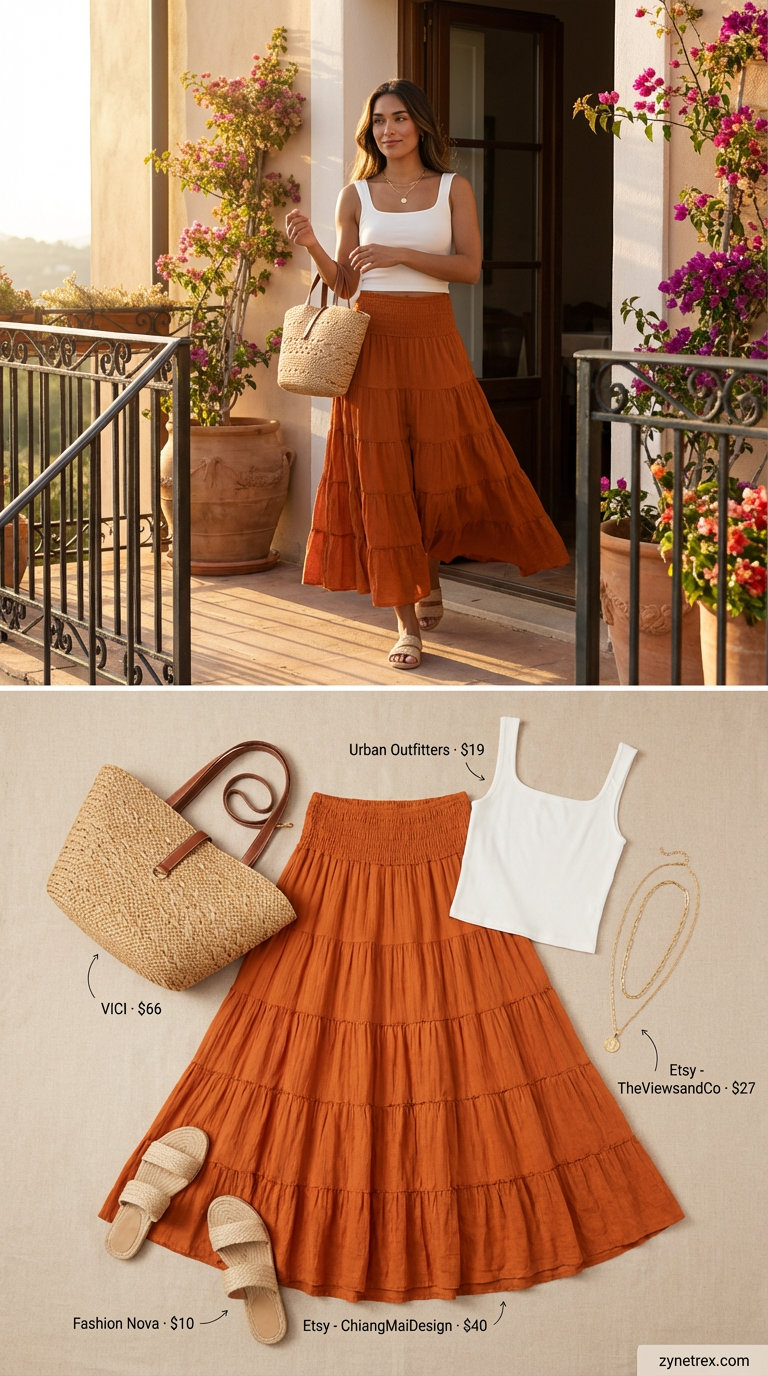 Boho chic terracotta tiered maxi skirt with a cream ribbed crop top, braided sandals, and a straw tote, ideal for summer skirt outfits 2026 beach days.