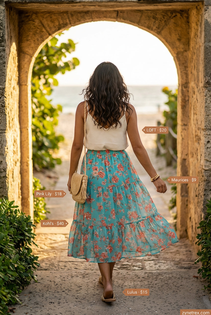 Bohemian turquoise and coral floral tiered maxi skirt with a cream camisole, straw bag, and beaded bracelets, great for summer skirt outfits 2026 vacations.