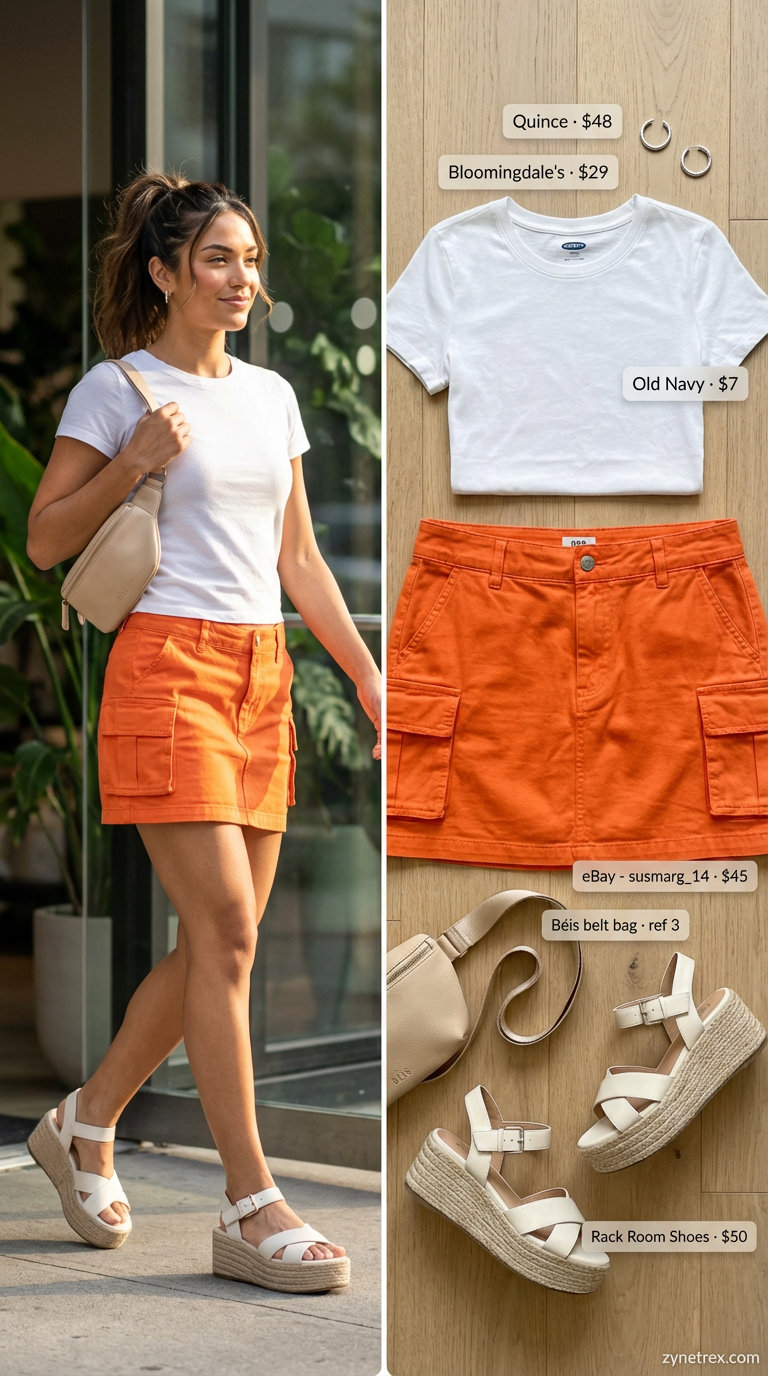 Bold vibrant orange utility mini skirt with a white t-shirt, platform espadrille sandals, and a belt bag for a playful summer brunch in 2026.