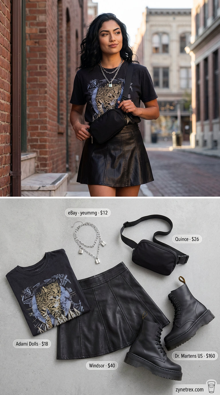 Edgy black faux leather mini skirt with an oversized graphic band tee and combat boots, perfect for street style summer skirt outfits 2026.