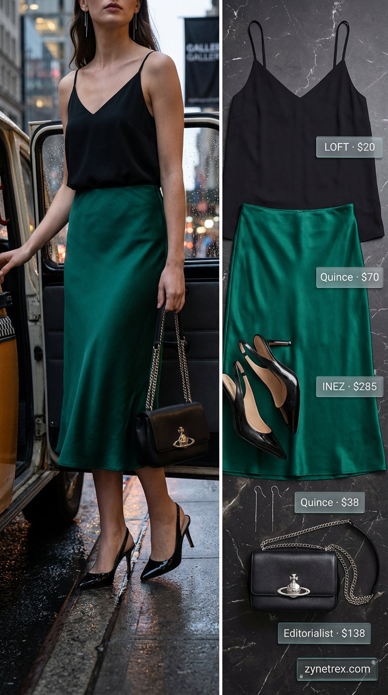Sophisticated emerald green satin midi slip skirt with a black V-neck camisole, stiletto sandals, and silver jewelry for a city chic summer evening in 2026.