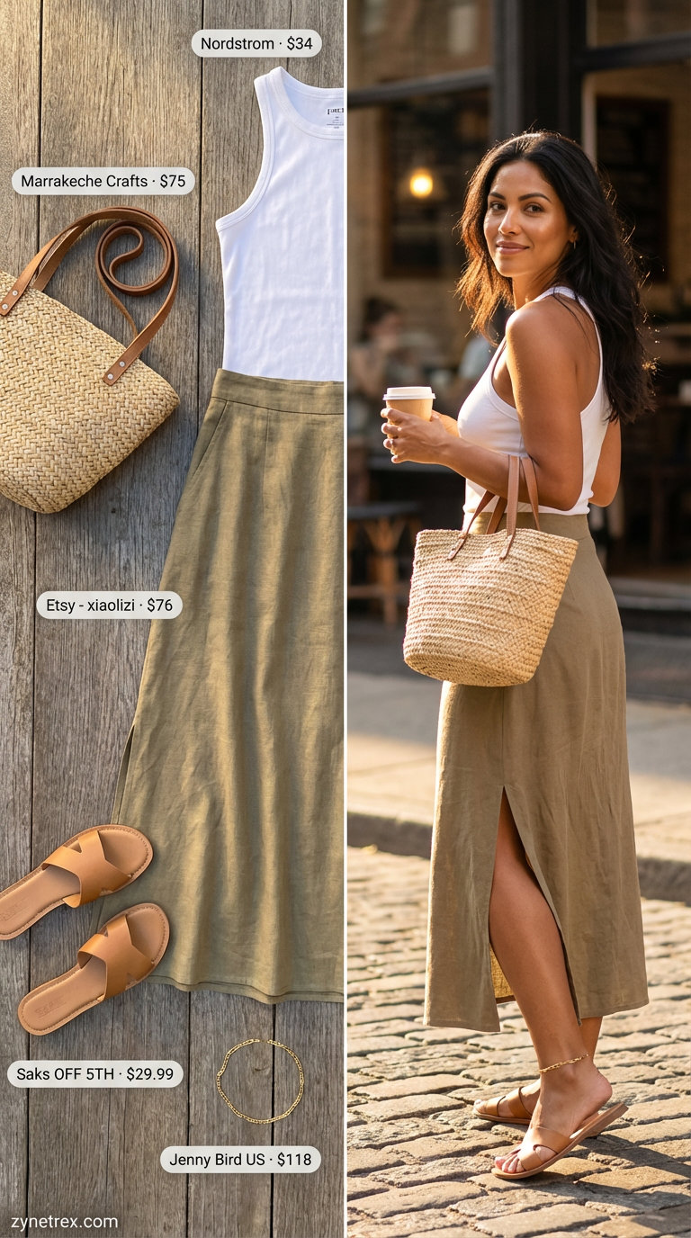 Relaxed khaki linen blend maxi skirt with a crisp white racerback tank, tan slide sandals, and a straw tote for a coastal evening in 2026.